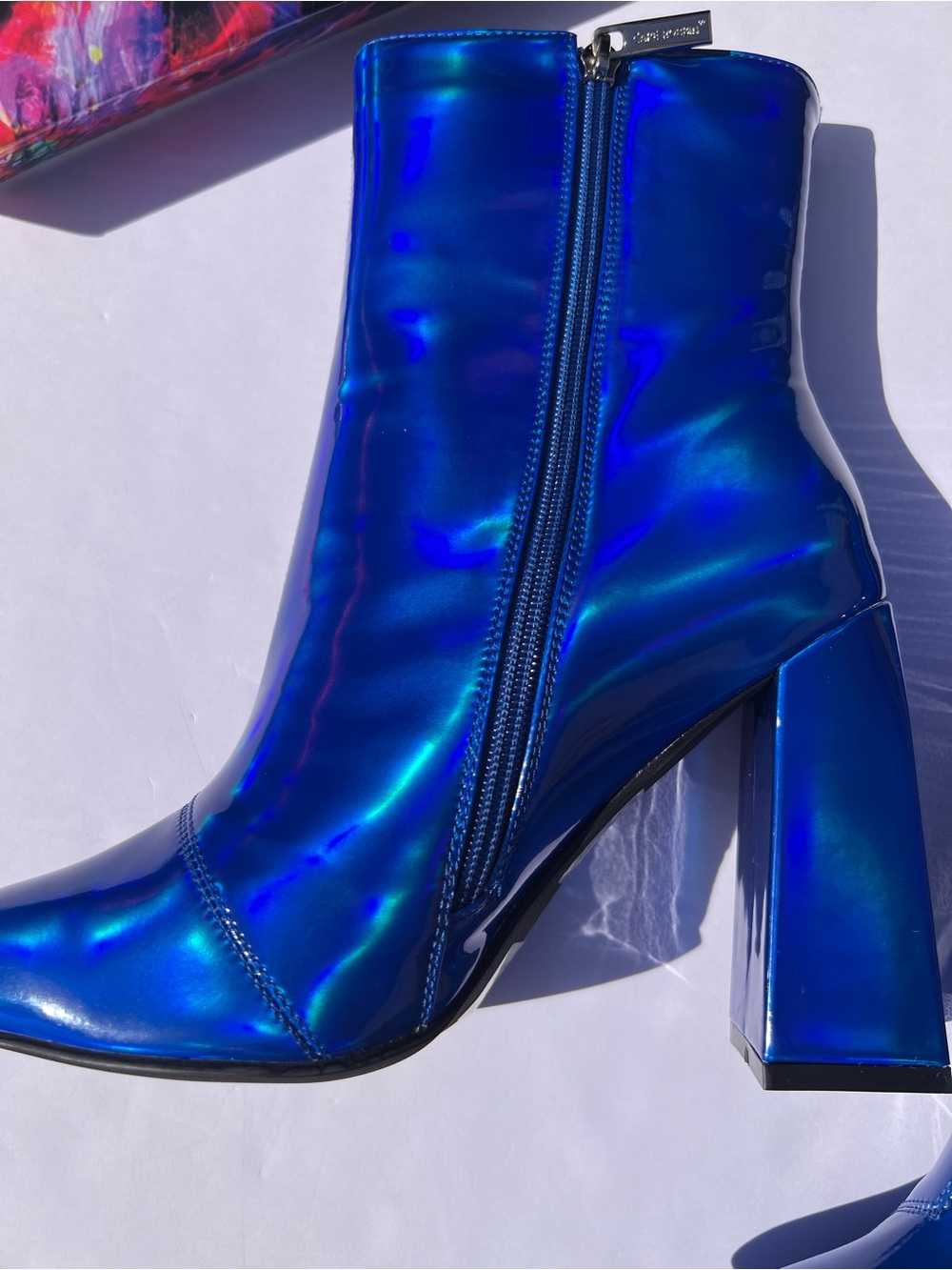Holographic Gogo Boots - Iridescent Blue Chunky Heel - Metallic Ankle Booties